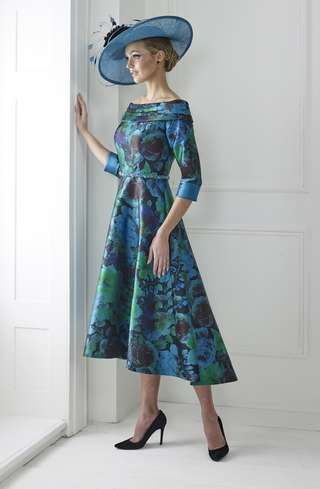 IR7339S Irresistible Mother of the Bride Groom blue and green print bardot aline. Dorset and Hampshire