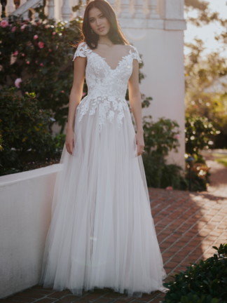 Leah R3654 Allure Romance Wedding Dress Chameleon Bride Bournemouth Dorset. Crossed over tulle ruched bodice with cap sleeves and v neck a-line bridal gown.