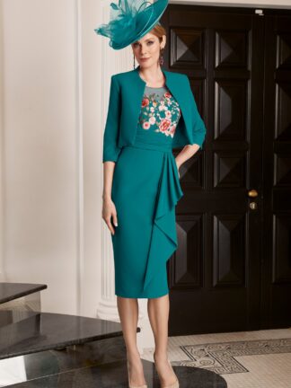 992114 Veni Infantino Dress and jacket with floral lace applique in teal jade green. Mother of the Bride Dress and jacket. Dorset Hampshire