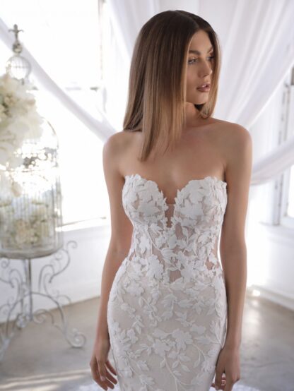 Orrie Orrie from Blue by Enzoani Orrie by Blue by Enzoani.  Strapless matt lace with no sparkle wedding dress. Detachable off shoulder long sleeves. Chameleon Bride Bournemouth Dorset