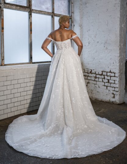 Tamzin CV1010 Teresa Atelier wedding dress for curvy plus size brides with curves. Off shoulder strapless gown with sparkle and lace applique. Chameleon Bride Bournemouth Dorset