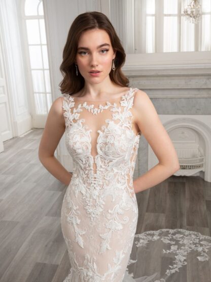 Sydney Etoile by Elysee Wedding Dress. High neck illusion with low back and double cage lace detailed train. Chameleon Bride Bournemouth Dorset