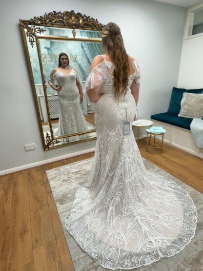 Cora Plus size fitted wedding dress with art deco gatsby detail lace. For brides with curves. Chameleon Bride Bournemouth Dorset