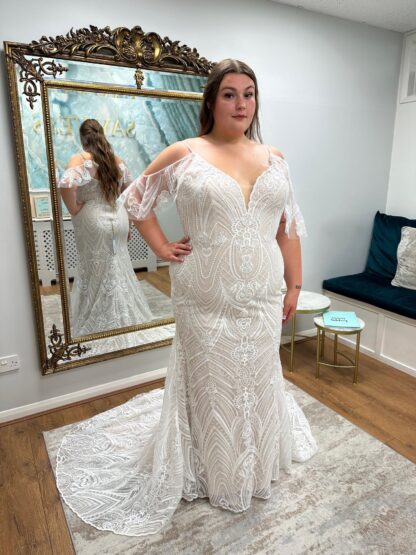 Cora Plus size fitted wedding dress with art deco gatsby detail lace and cape. For brides with curves. Chameleon Bride Bournemouth Dorset
