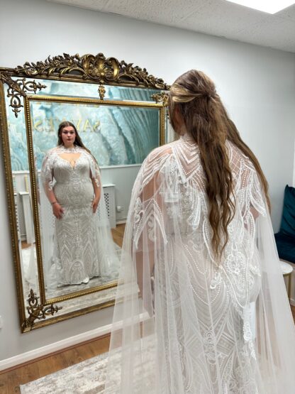 Cora Plus size fitted wedding dress with art deco gatsby detail lace and cape. For brides with curves. Chameleon Bride Bournemouth Dorset
