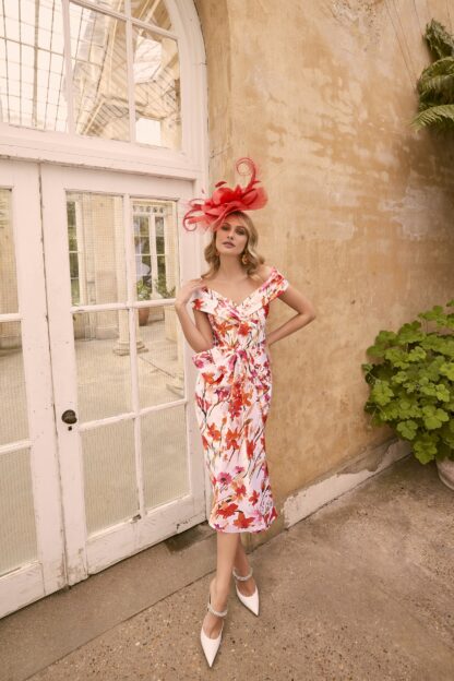 36010 Fuxia Coral Mother of the Bride print fitted off the shoulder dress. Chameleon Dorset Hampshire