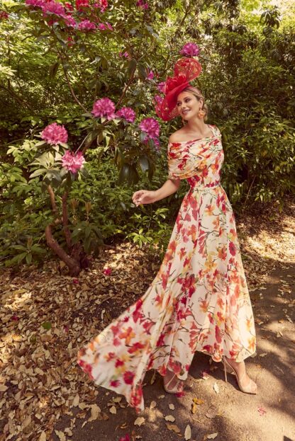 36030 Veni Infantino Mother of the bride print dress. Floaty flowy chiffon dress with arm coverage. In fuxia lemon print. Chameleon Dorset Hampshire