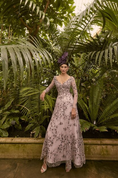 992251 Veni Infantino lace and sparkle aline dress in dusky rose and aubergine plum. Mother of the Bride Groom outfit Chameleon Bride Dorset Hampshire
