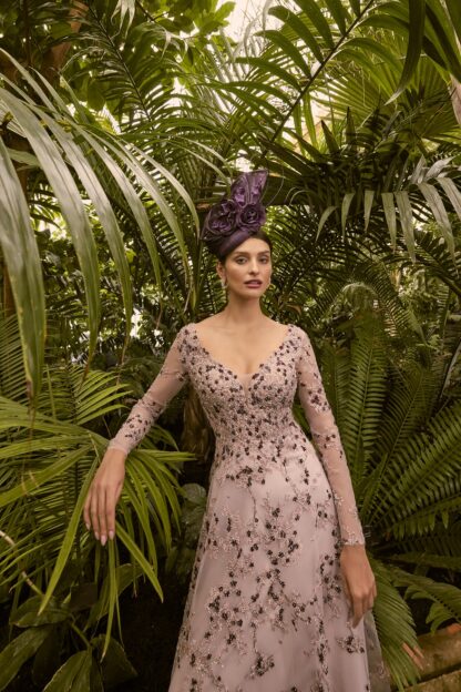 992251 Veni Infantino lace and sparkle aline midi maxi dress in dusky rose and aubergine plum. Mother of the Bride Groom outfit Chameleon Bride Dorset Hampshire