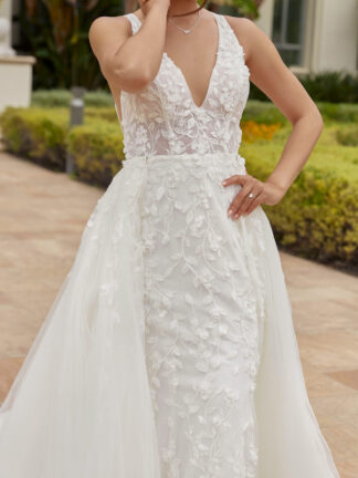 Primrose D3881 Essense of Australia. Thick strap plunge fitted lace sheath wedding dress with detachable overskirt. Chameleon Bride Bournemouth Dorset