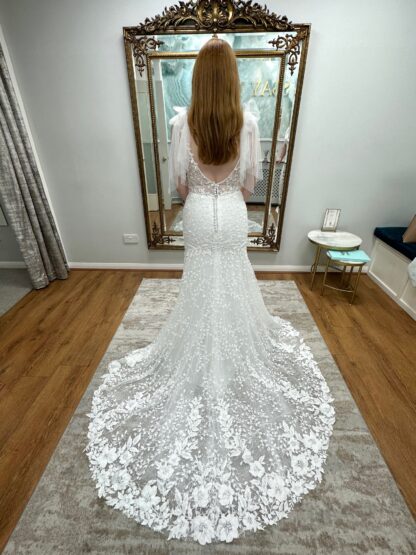 Skye Wedding Dress beaded lace, tulle shoulder bow and fitted skirt. Chameleon Bride Bournemouth Dorset