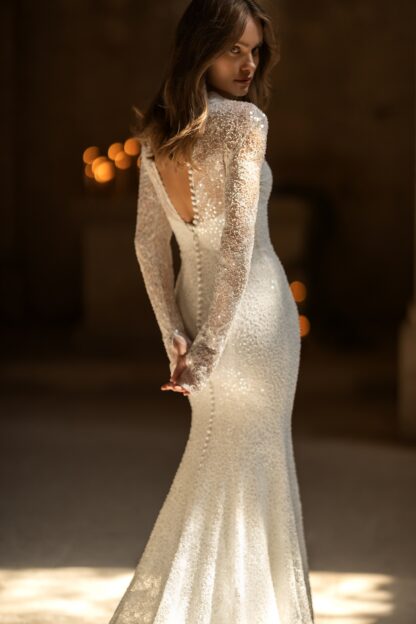 Kioto Eva Lendel high neck modest beaded wedding dress. Chameleon Bride Bournemouth Dorset