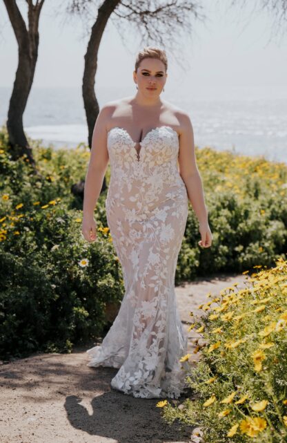 Natalia R3651 Allure Romance fitted sheath wedding dress for curvy brides. Matt cotton lace over a sparkle tulle. Chameleon Bride Bournemouth Dorset