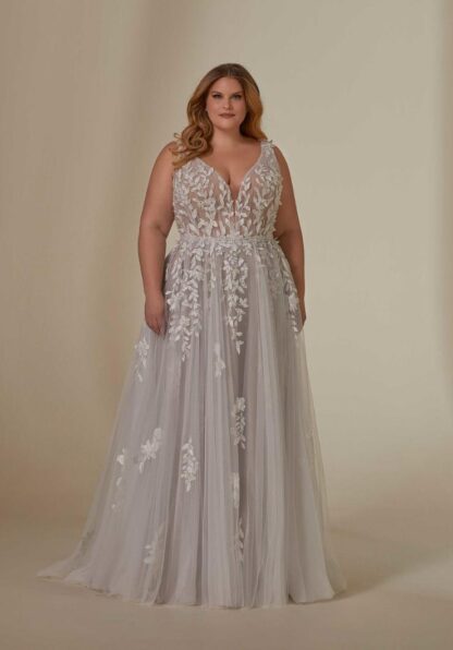 Lynette Morilee Plus size curvy wedding dress. V eck with leafy lace and sparkle. Chameleon Bride Bournemouth Dorset