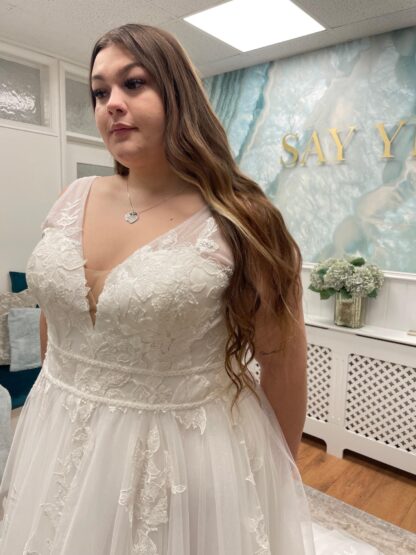 Penny  wedding dress. Thick strap aline wedding dress with beaded waist band. Plus size wedding dress. Bridal gown for plus size curvy bride. Chameleon Bride Bournemouth Dorset