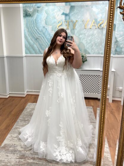 Penny  wedding dress. Thick strap aline wedding dress with beaded waist band. Plus size wedding dress. Bridal gown for plus size curvy bride. Chameleon Bride Bournemouth Dorset