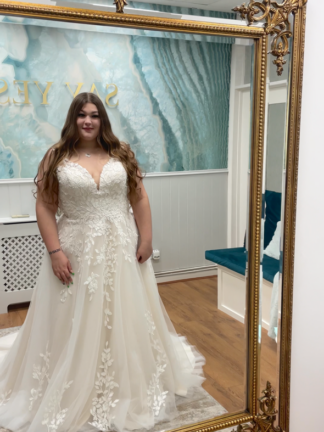 Gia plus size leafy lace soft aline for brides with curves. Chameleon Bride Bournemouth Dorset
