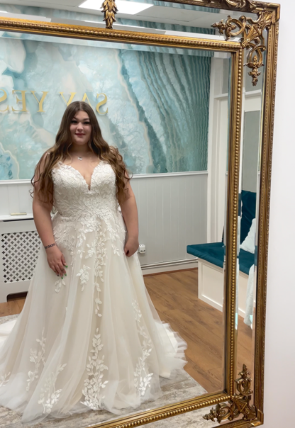 Gia plus size leafy lace soft aline for brides with curves. Chameleon Bride Bournemouth Dorset
