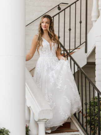 D4007 Essense of Australia Wedding Dress A line plunge V neck bridal gown with small beaded lace detail. Chameleon Bride Bournemouth Dorset