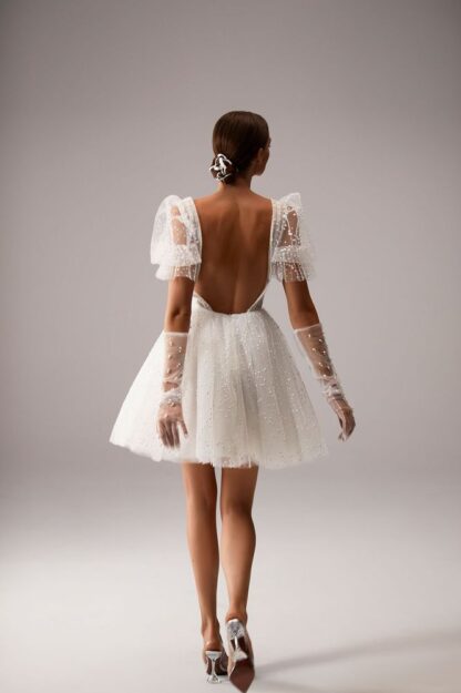 Luv Milla Nova mini Aline party wedding dress. Frothy tulle aline skirt, low back, puff sleeves. Short bridal gown. 2nd evening reception look. Chameleon Bride Bournemouth Dorset