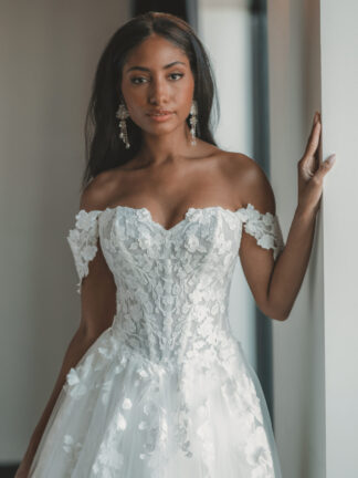 D4106 Estelle Essense of Australia Wedding Dress lace off shoulder wedding dress with basque corset waist and full skirt Chameleon Bride Bournemouth Dorset