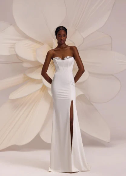 Eva Lendel Calgary plain wedding dress separates with corset bodice, cats eye neckline, fitted sheath skirt wit leg split Chameleon Bride Bournemouth Dorset