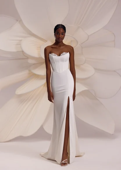 Eva Lendel Calgary plain wedding dress separates with corset bodice, cats eye neckline, fitted sheath skirt wit leg split Chameleon Bride Bournemouth Dorset