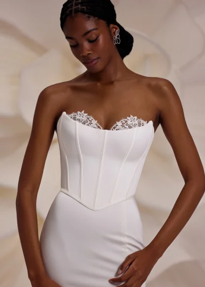 Eva Lendel Calgary plain wedding dress separates with corset bodice, cats eye neckline, fitted sheath skirt wit leg split Chameleon Bride Bournemouth Dorset