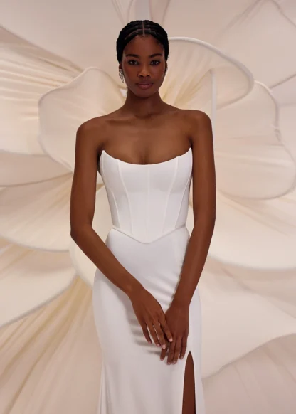 Eva Lendel Calgary plain wedding dress separates with corset bodice, cats eye neckline, fitted sheath skirt wit leg split Chameleon Bride Bournemouth Dorset