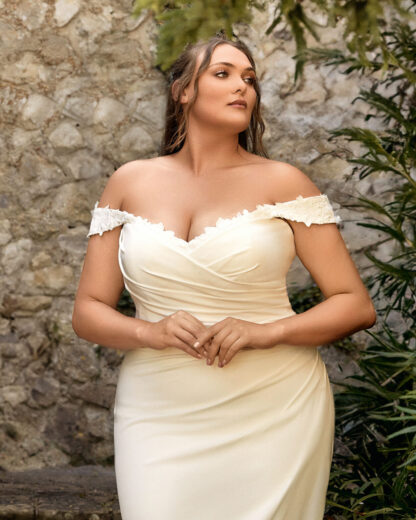 Lara PH7015 Phoenix Bridal Crepe Wedding Dress with ruching for plus size curvy bride. Chameleon Bride Bournemouth Dorset