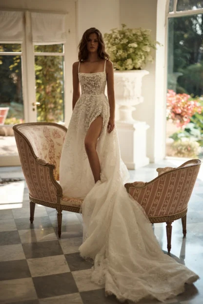 Noomi Lorenzo Rossi for Milla Nova square neck leafy lace wedding dress. Part of the Sleeping Beauty collection. Chameleon Bride Bournemouth Dorset