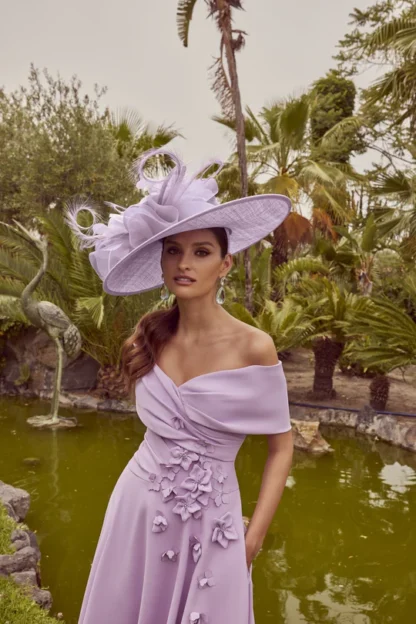 992446 Veni Infantino lilac lavender off shoulder aline crepe with 3d floral detail. Mother of the Bride Groom Chameleon Bournemouth Dorset
