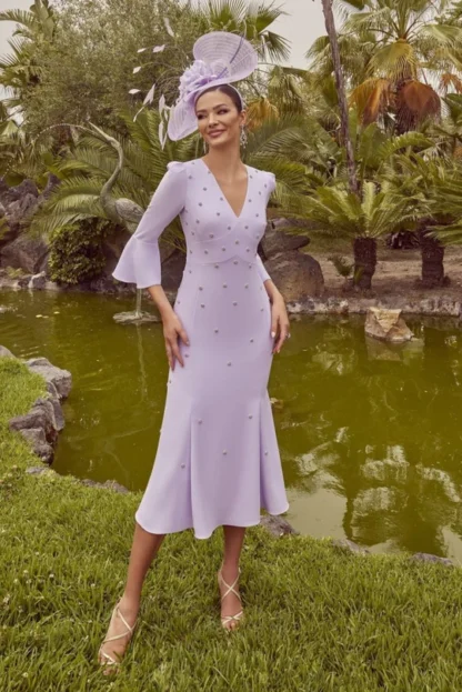 992448 Veni Infantino lilac lavender long sleeve fishtail wiggle crepe dress with beading detail. Mother of the Bride Groom Chameleon Bournemouth Dorset