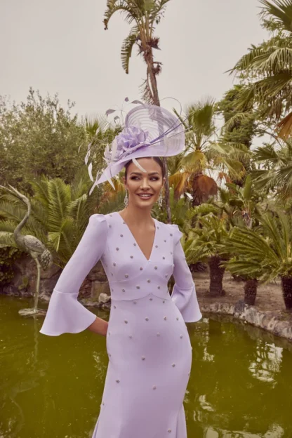 992448 Veni Infantino lilac lavender long sleeve fishtail wiggle crepe dress with beading detail. Mother of the Bride Groom Chameleon Bournemouth Dorset
